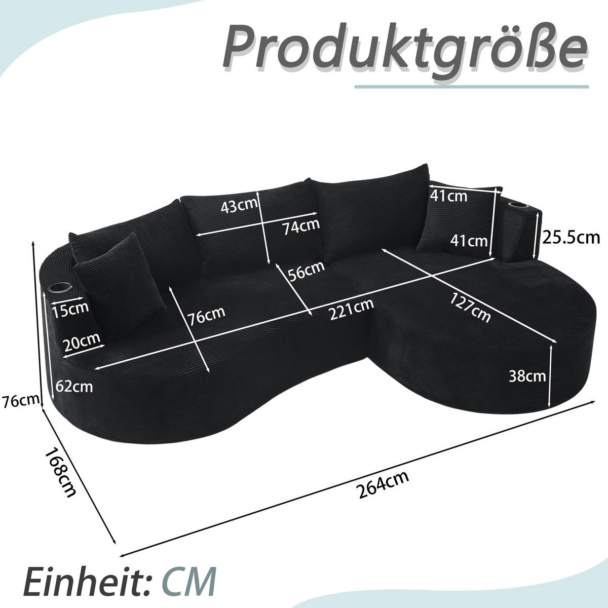 3-SITZER ECKSOFA Cord Schwarz mit Getränkehaltern und Kissen - Schwarz, Textil (264/168cm) - WISHDOR