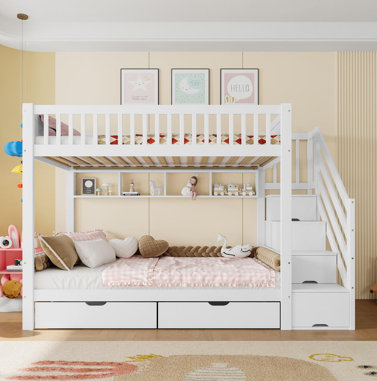 ETAGENBETT 90/200 cm Weiß mit Kleiderschrank und Stauraumtreppe - Weiß, Holz (90/200cm) - Flora Grace