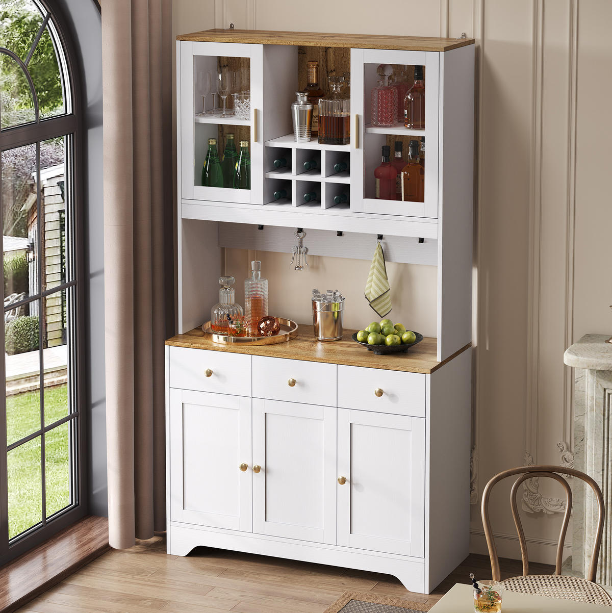 HIGHBOARD 94,5/30/175,5 cm in Weiß mit 5 Türen, 3 Schubladen und Vitrinenfächern - Weiß, Holzwerkstoff (94.5/175.5/30cm) - Flora Grace