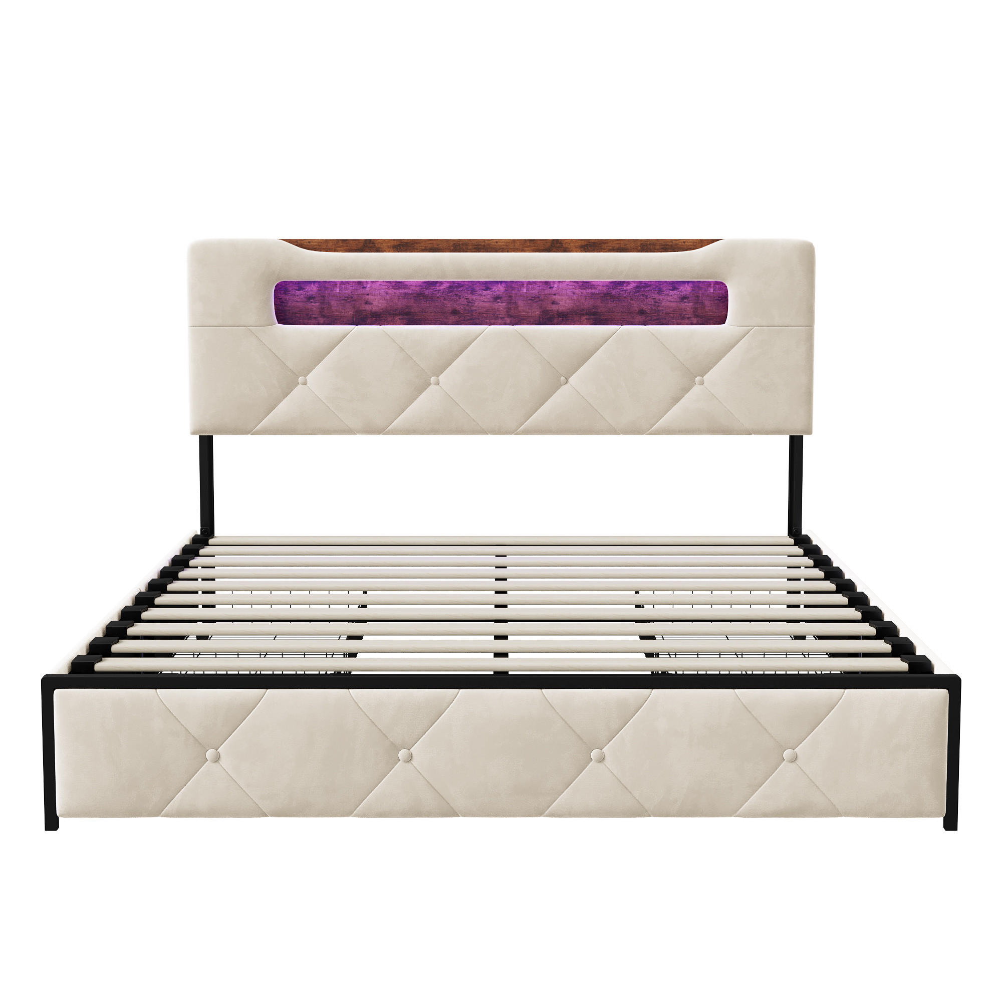 POLSTERBETT 140x200 cm mit LED, USB, 3 Schubladen, Samt, Beige - Beige, Holz (140/200cm)