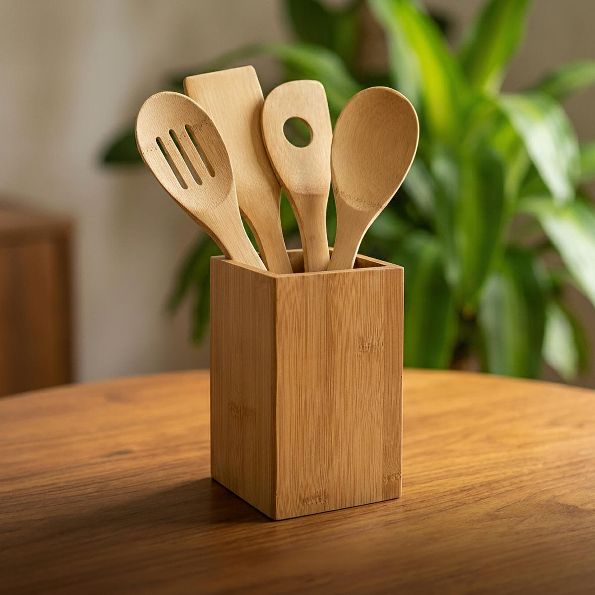 KOCHLÖFFELSET Natur Bambus 5-tlg. mit Halter - Hellbraun, Holz - Relaxdays