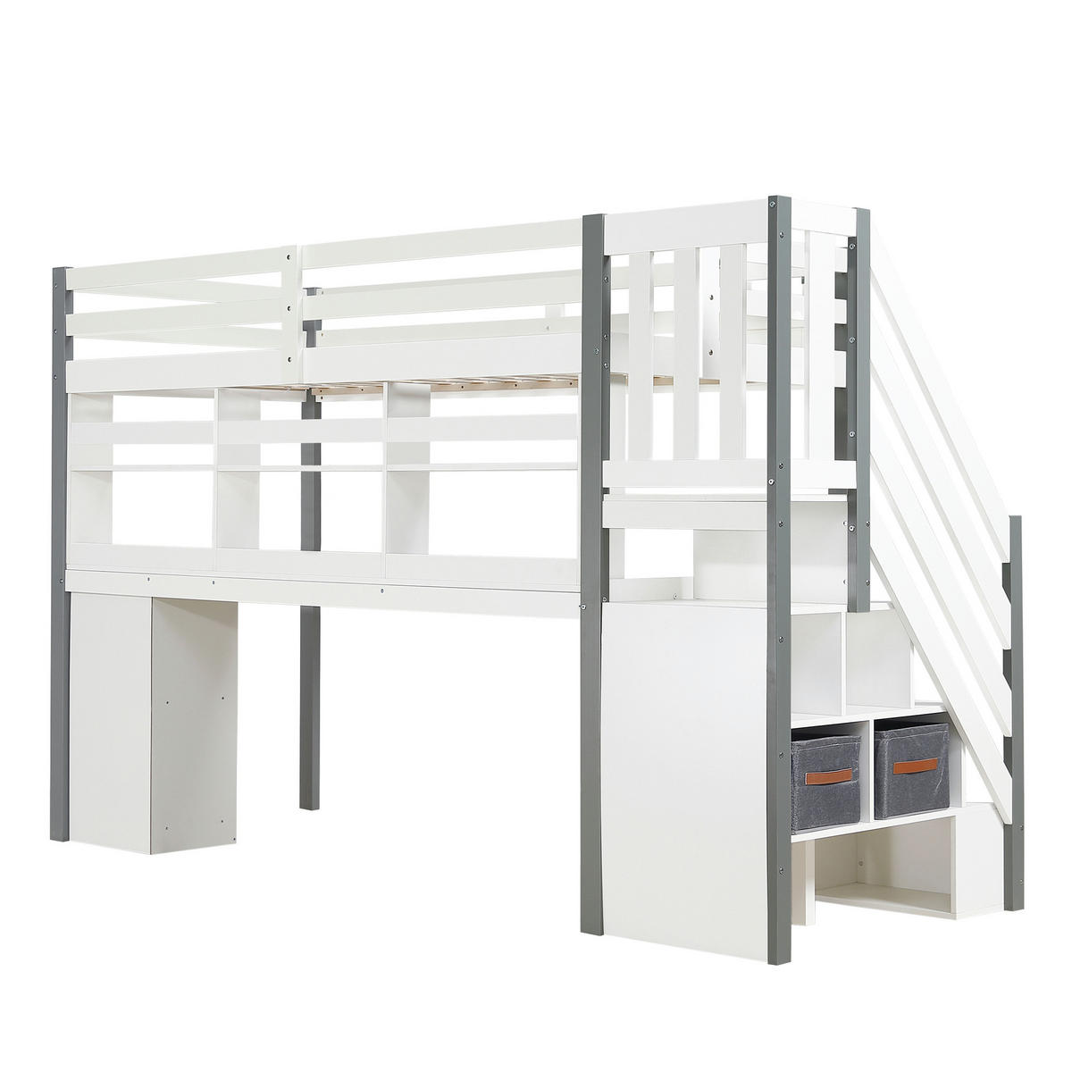 HOCHBETT 90/200 cm DE-02279, in Weiß, mit Schreibtisch, Schließfächern und Stoffboxen - Weiß, Holz/Holzwerkstoff (90/200cm) - ComfortXL