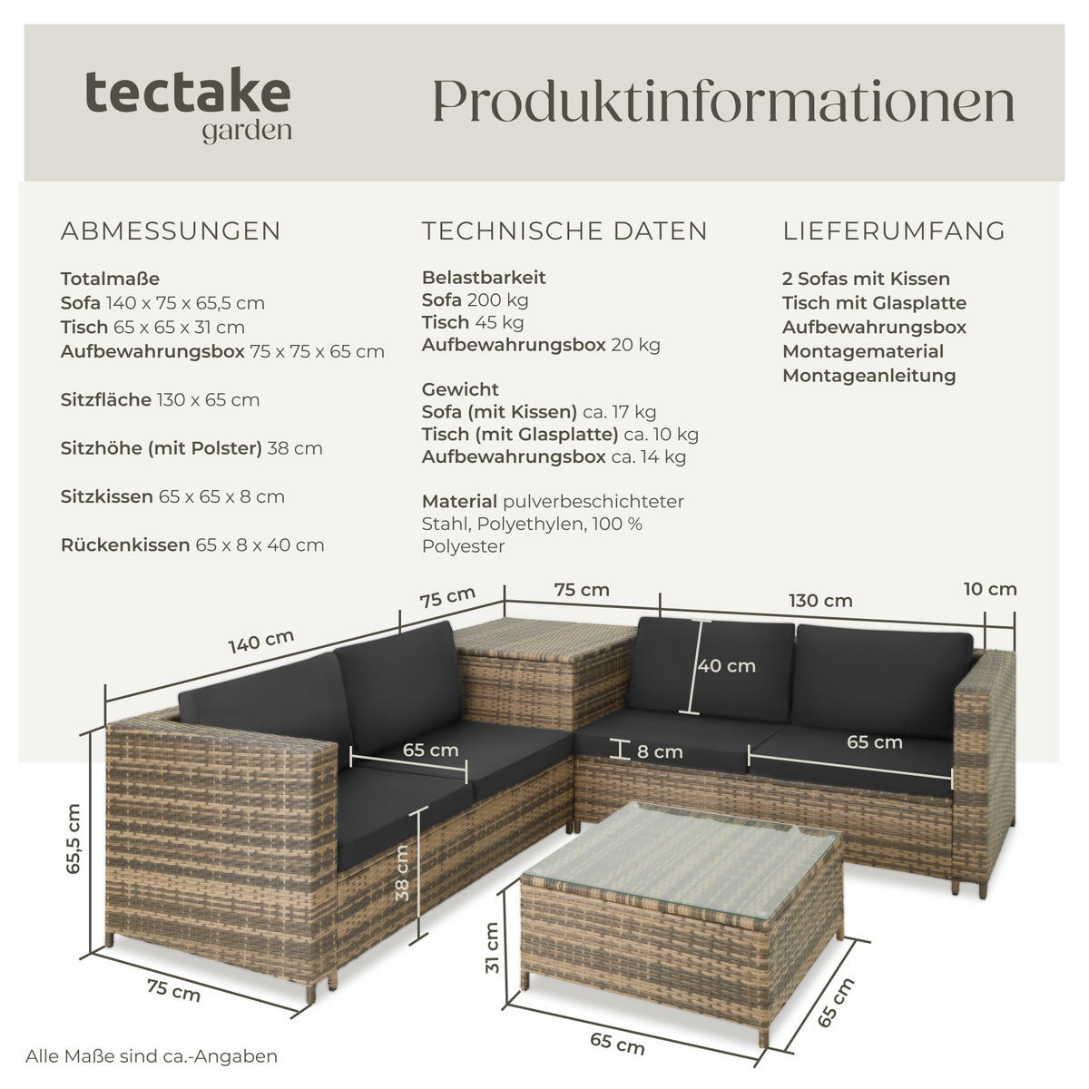 RATTANLOUNGE Siena,mit Sicherheitsglasplatte,natur/dunkelgrau - Naturfarben, Kunststoff - tectake