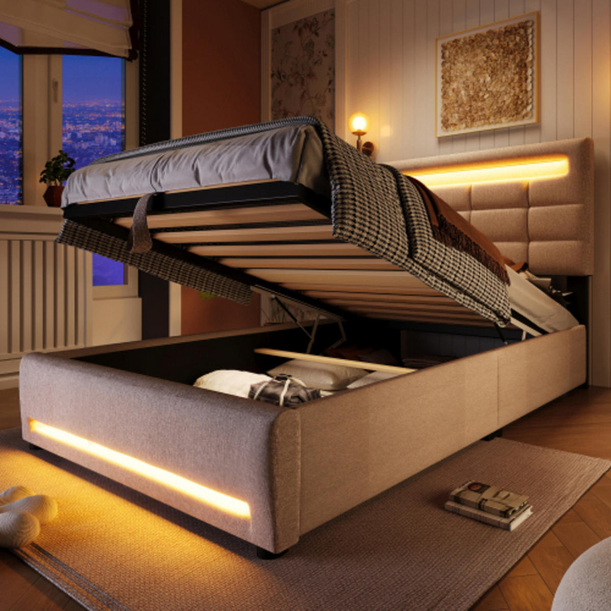 POLSTERBETT 90 × 200 cm mit Leinenbezug, hydraulischem Stauraum, 16-Farben-LED-Leiste und USB-Anschluss, beige - Beige, Textil (90/200cm) - Luhomfu