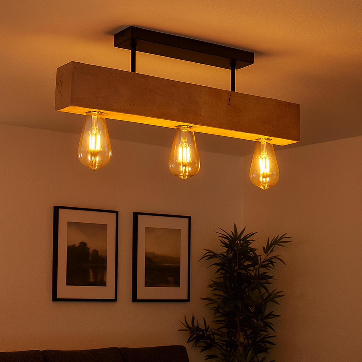 3 FLAMMIGE HÄNGELEUCHTE Metall Holz Braun - Braun, Holz (60/6/19cm) - Globo Lighting