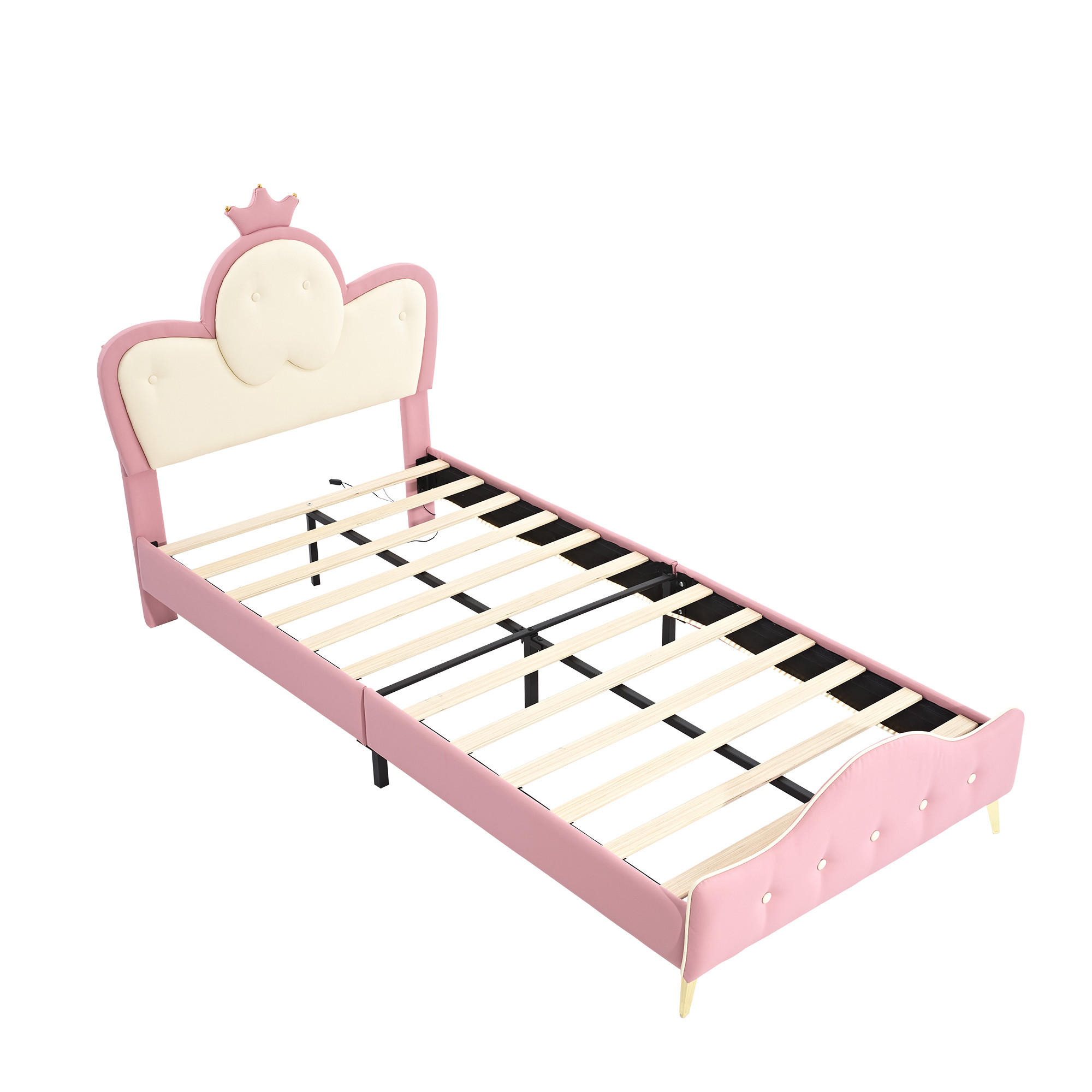 POLSTERBETT 90/200 cm DE-02287, in Rosa/Weiß, mit Kronen-Kopfteil, LED und weichen Schutzkanten - Pink, Holz (90/200cm) - ComfortXL