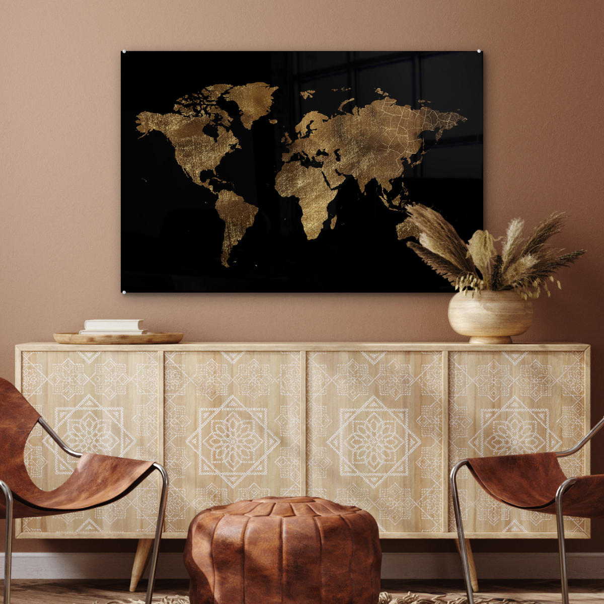 ACRYLGLASBILD Weltkarte - Gold - Luxus - Erde - Schwarz 120x80 cm - Goldfarben, Glas (120/80cm) - MuchoWow