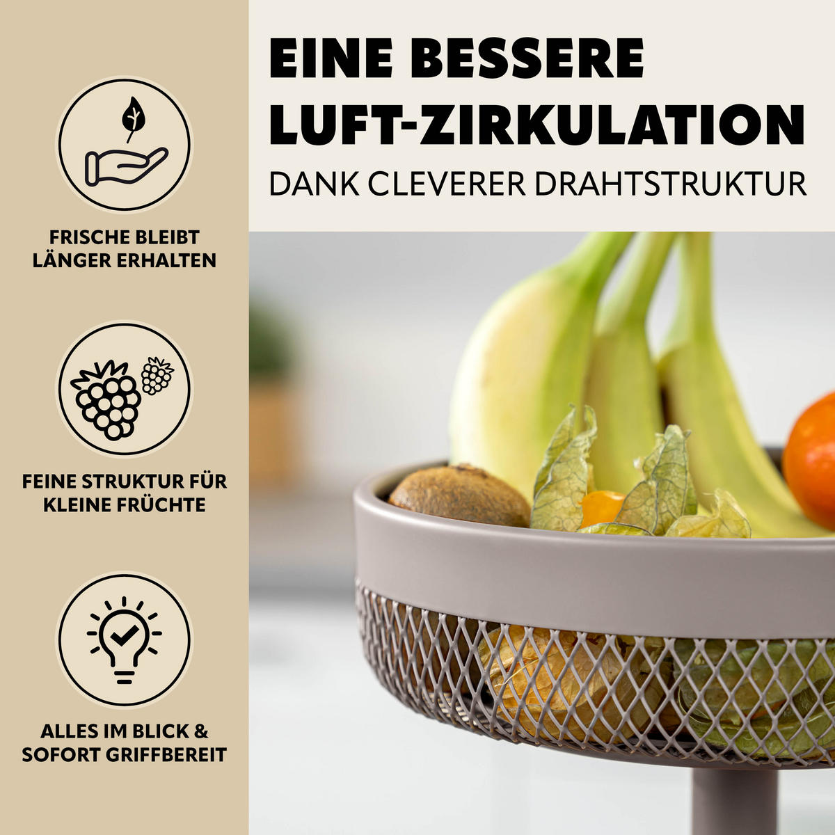 OBSTETAGERE rund, 3-stöckig, Ø 20 cm, 25 cm und 30 cm, taupe, Metall - Taupe, Metall (42cm) - eluno