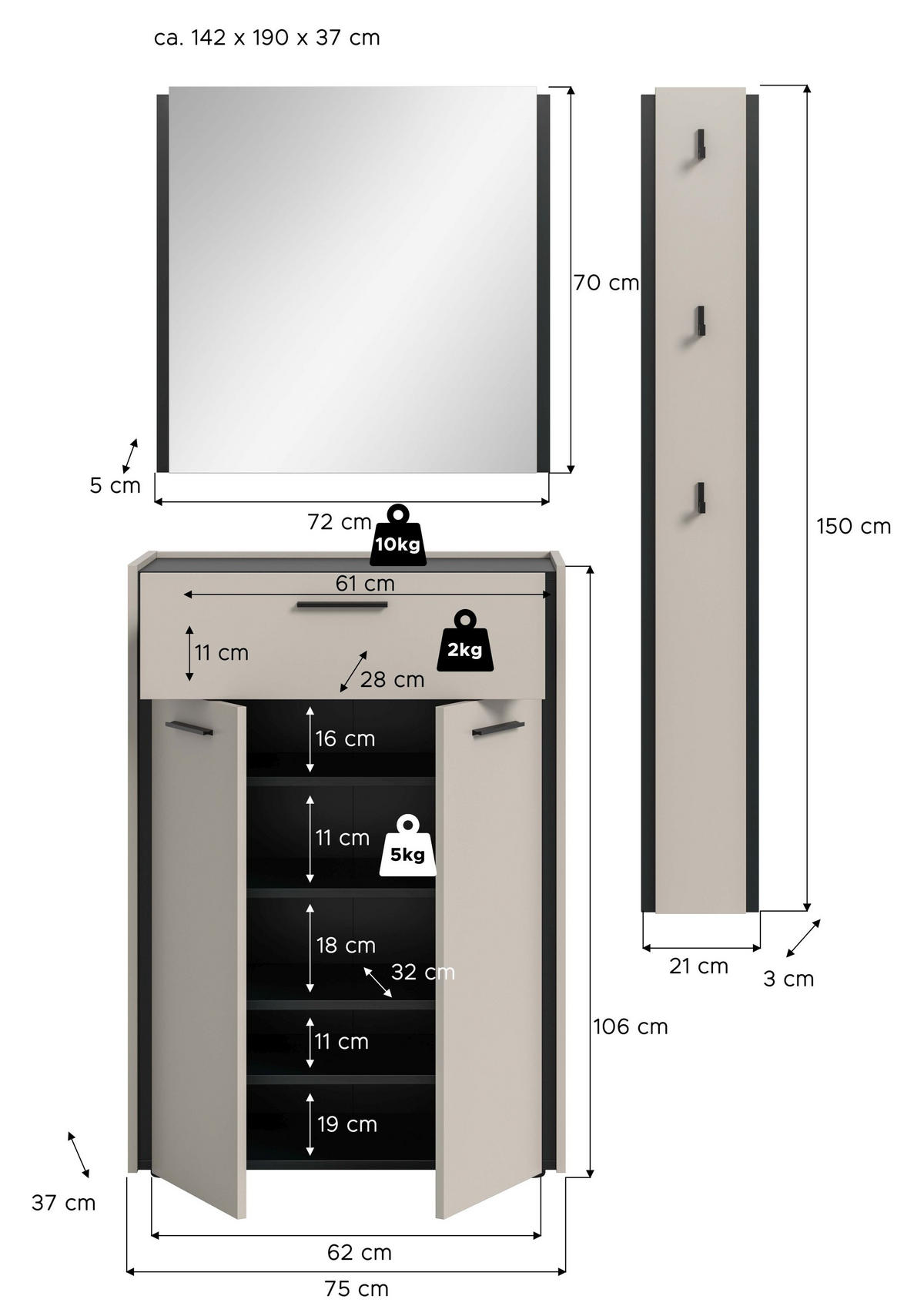 GARDEROBEN-SET Emil Kaschmir 142/37/190 cm - Beige, Holzwerkstoff (142/190/37cm) - Xonox