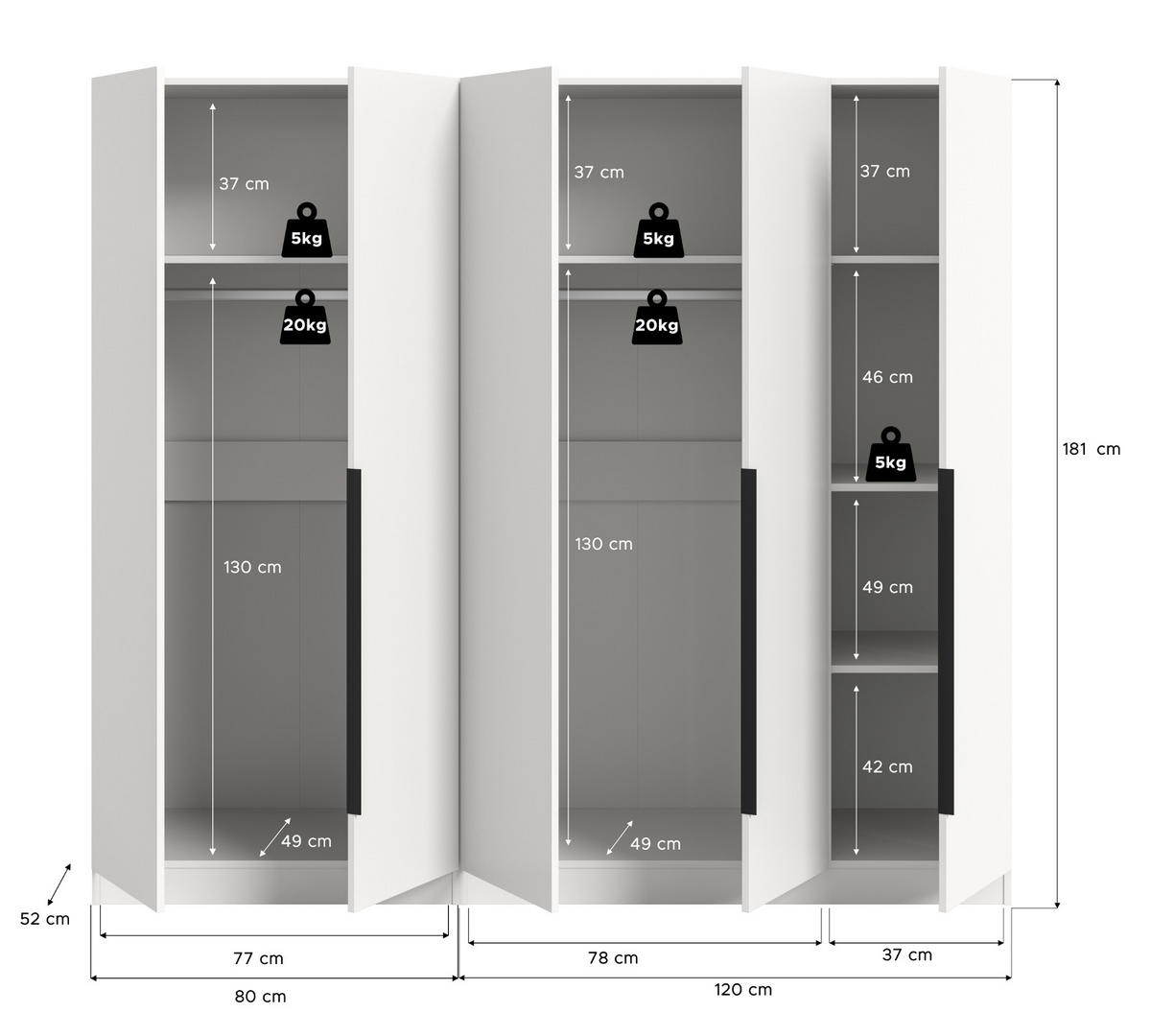 KLEIDERSCHRANK weiß 5-türig 200 x 181 cm, Drehtürenschrank mit zusätzlichen Einlegeböden - Schwarz/Weiß, Holzwerkstoff/Kunststoff (200/181/52cm) - Inn.Furn