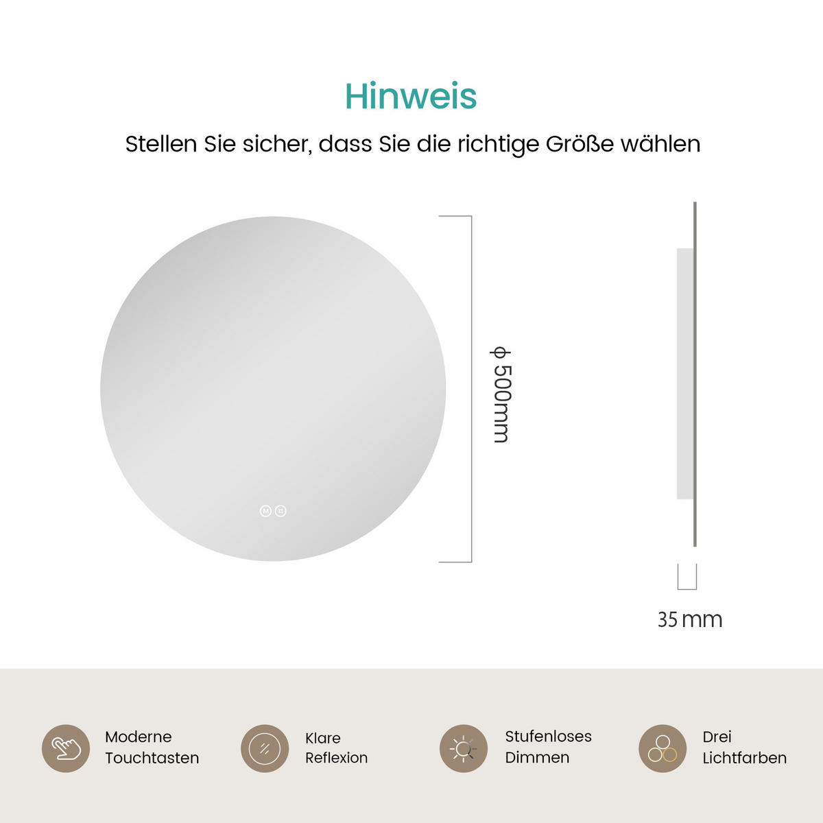 BADSPIEGEL rund mit Beleuchtung rahmenlos Ø50 cm - Weiß, Glas (50/3/50cm) - EMKE