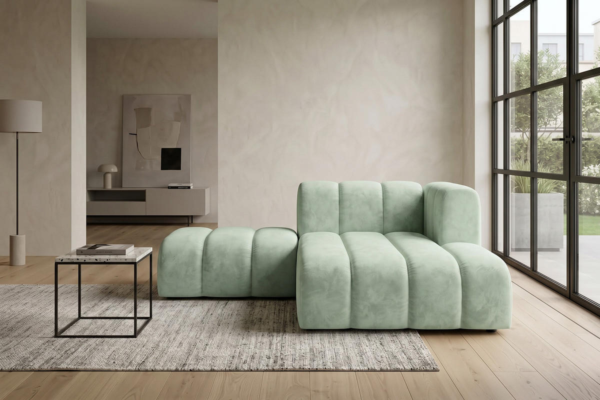 CHAISELONGUE Modulare Mit Hocker, Velvet-Stoff Riviera, Mintz, Rechts, GRAND - Mintgrün, Holz (204/179cm) - Kaiser Möbel