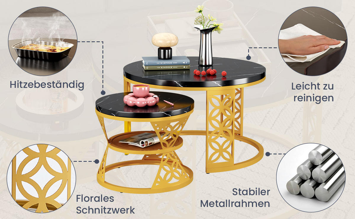 COUCHTISCH Beistelltisch-Set, Wohnzimmer-Beistelltisch-Set (2-teilig), schwarze Marmoroptik, goldener Metallrahmen - Goldfarben/Schwarz, Holzwerkstoff/Metall (70/70/45cm) - EVRYAE