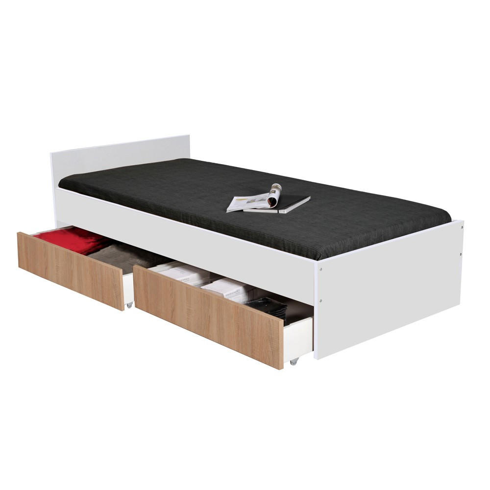 BETT KAPPA mit Schubladen/ Bett 90x190 - Weiß & Eiche Gebleicht Dekor - Multicolor, Holzwerkstoff (90/190cm) - Weber Industries