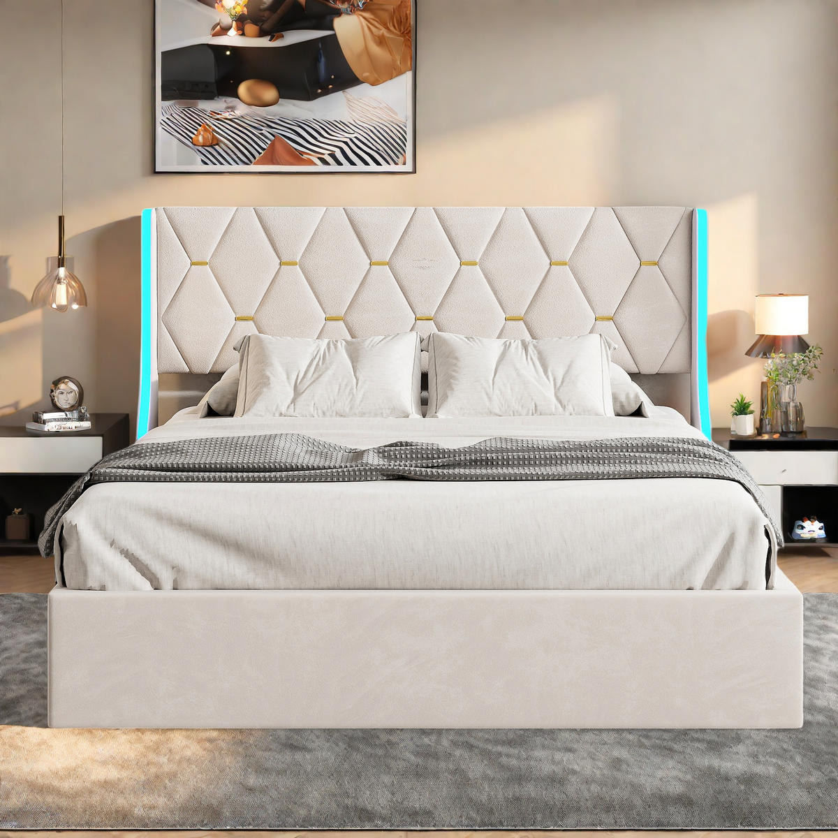 ČALÚNENÁ posteľ 140x200 cm béžová s LED lamelovým roštom - béžová, kov (140/200cm) - SHOPENTRA