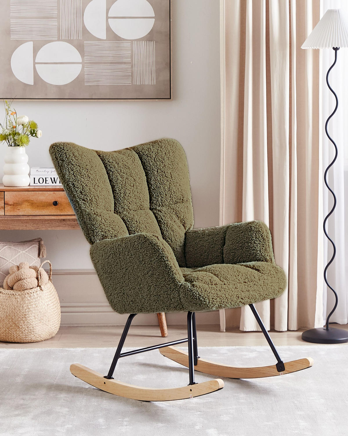 SCHAUKELSESSEL Bouclé Dunkelgrün Oulu - Hellbraun/Schwarz, Textil (71/104/83cm) - Beliani