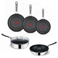 PFANNENSET Edelstahl Jamie Oliver 8-Teilig – Bratpfannen Ø20/24/28 cm, Wokpfanne Ø28 cm, Schmorpfanne Ø25 cm, Induktion & Backofen geeignet - Silberfarben/Schwarz, Keramik/Metall - Tefal