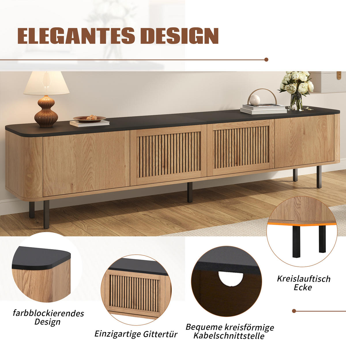 TV-SCHRANK 190cm modern TV-Ständer niedrig Design - Eichefarben, Holzwerkstoff (35/45/190cm) - FLIEKS
