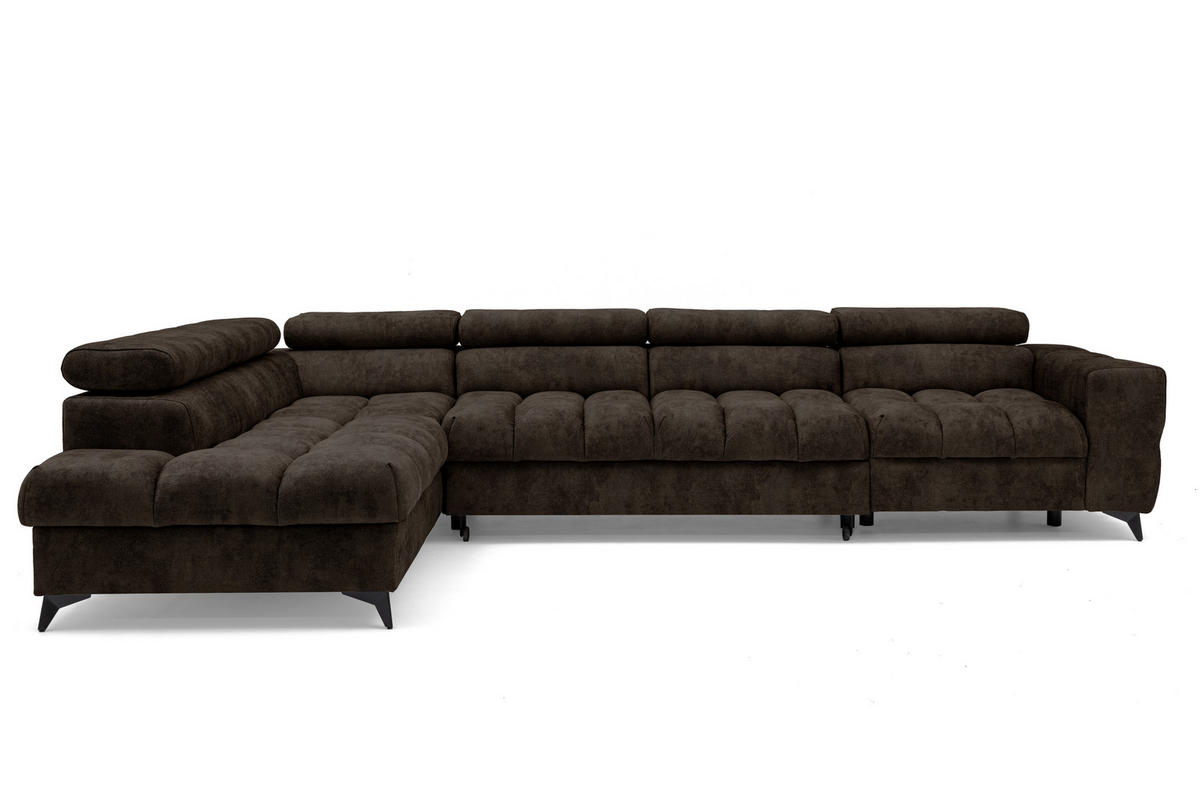 ECKSOFA PUDDING MAXI L Links mit Schlaffunktion 125x195 Velours Dunkelbraun - Dunkelbraun/Schwarz, Holz/Textil (350/203cm) - Muffo