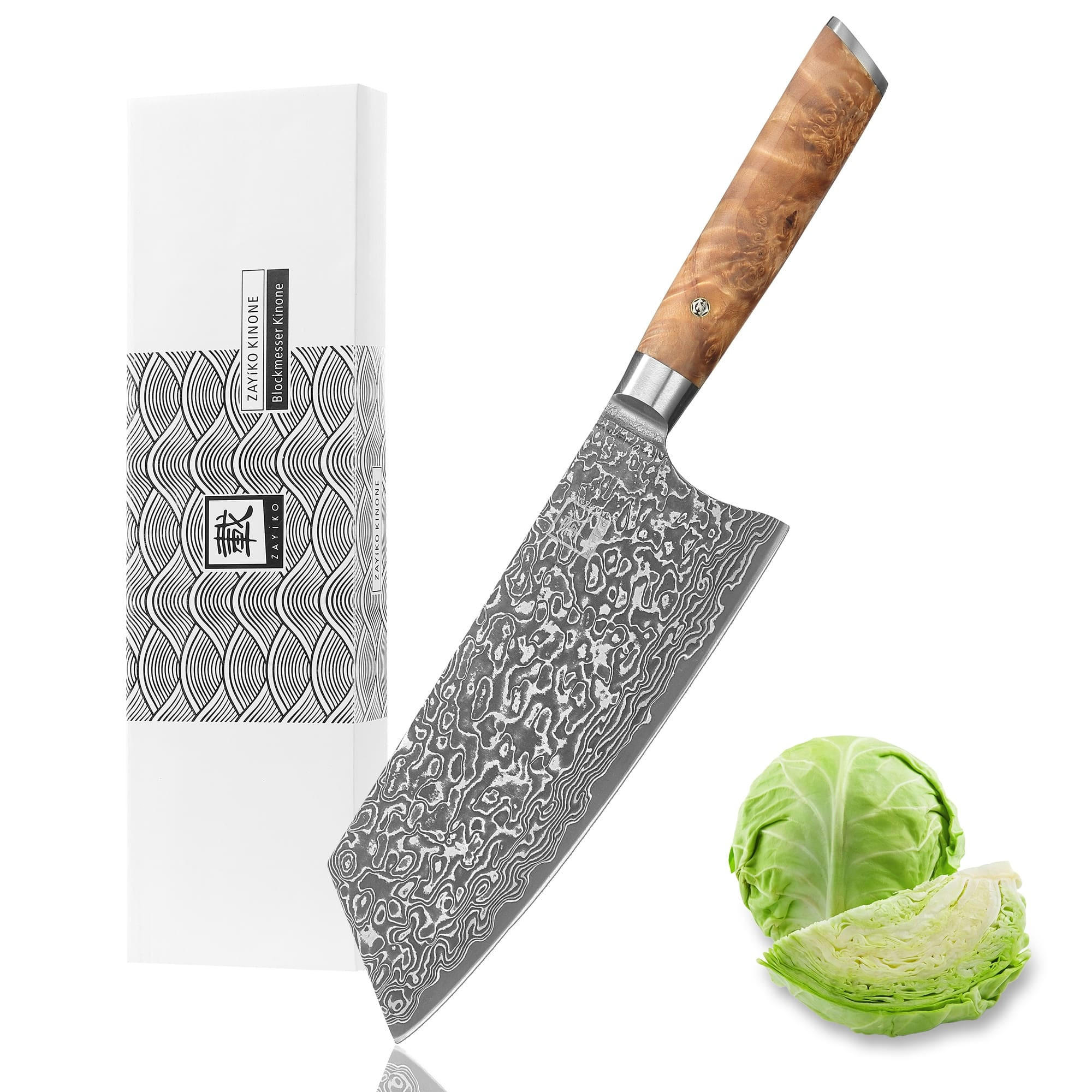 BLOCKMESSER Kiritsuke Kinone Damast - Birkefarben, Holz/Metall (34cm) - Zayiko