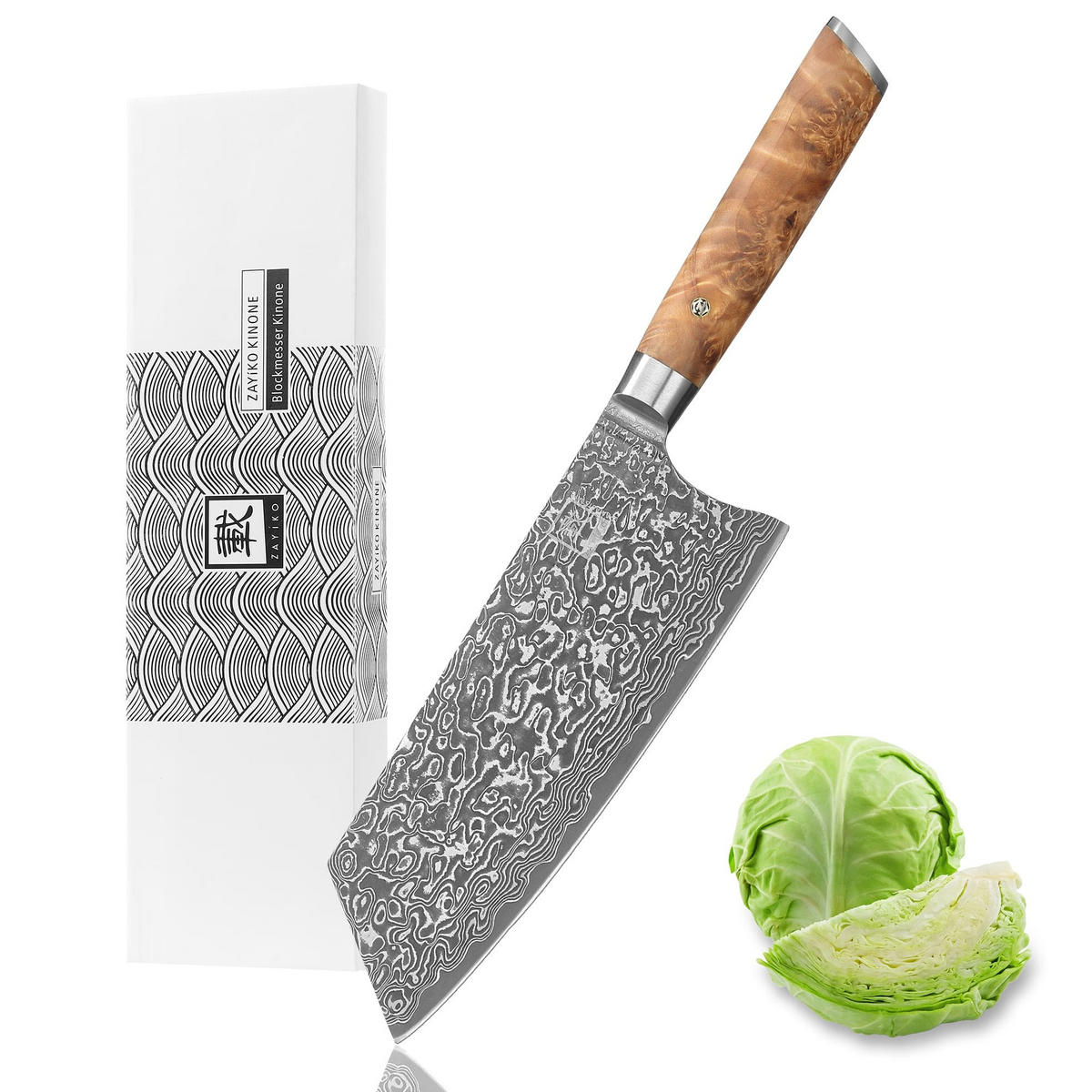 BLOCKMESSER Kiritsuke Kinone Damast - Birkefarben, Holz/Metall (34cm) - Zayiko