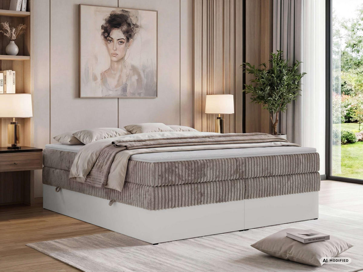 BOXSPRINGBETT TRAVIT ZERO KING 180/200 - Hellbraun Cord - Topper T25 - H3 - Hellbraun/Schwarz, Kunststoff/Textil (180/200cm) - MKS