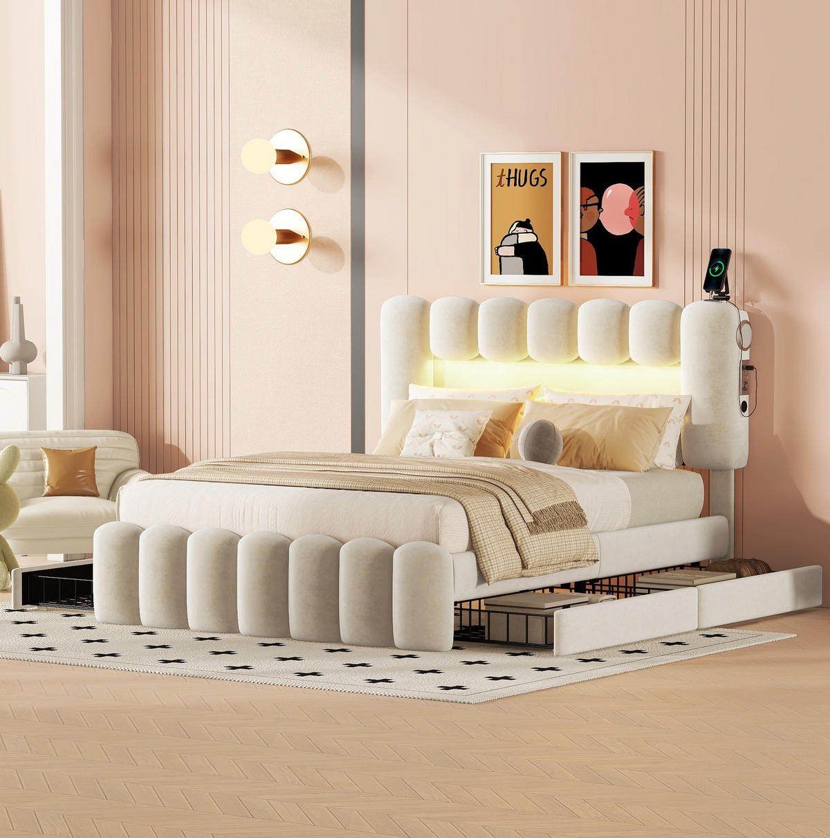 SAMT-POLSTERBETT 140/200 cm mit LED-Beleuchtung, USB und 4 Schubladen - Beige, Textil (140/200cm) - BEAOK