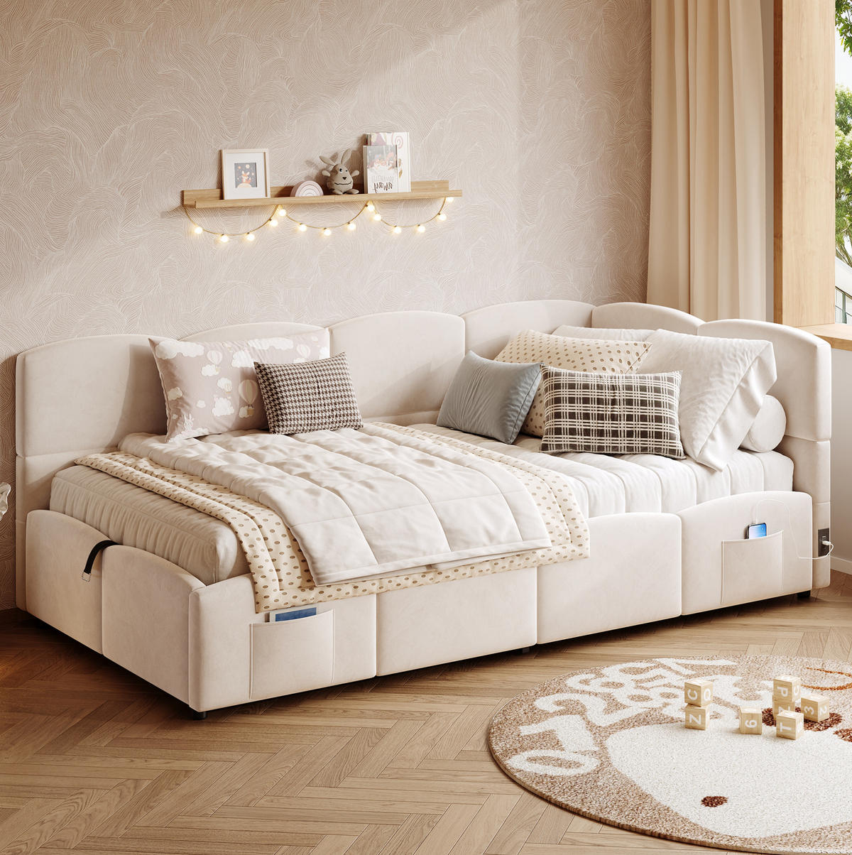 POLSTERBETT 90/200 cm in Beige aus Samt mit Stauraum und USB- und Type-C-Anschlüssen - Beige, Textil (90/200cm) - Flora Grace