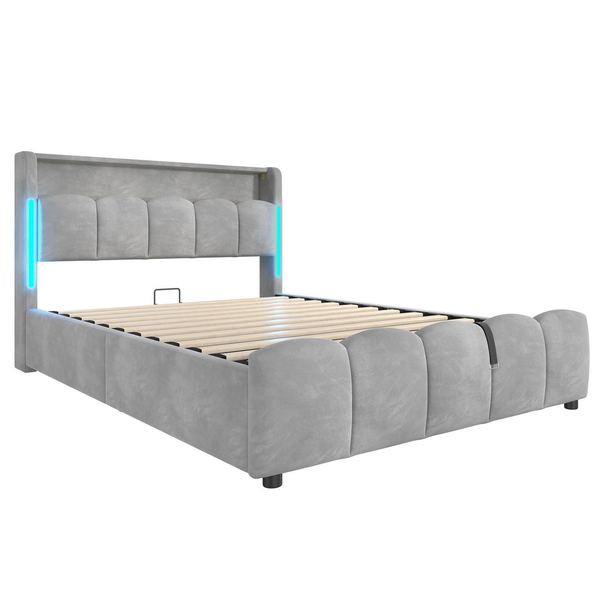 POLSTERBETT 140/200 cm mit LED-Beleuchtung, USB- und Typ-C-Anschluss, hydraulischem Stauraum und Samtbezug, Grau - Grau, Textil (140/200cm) - Redom