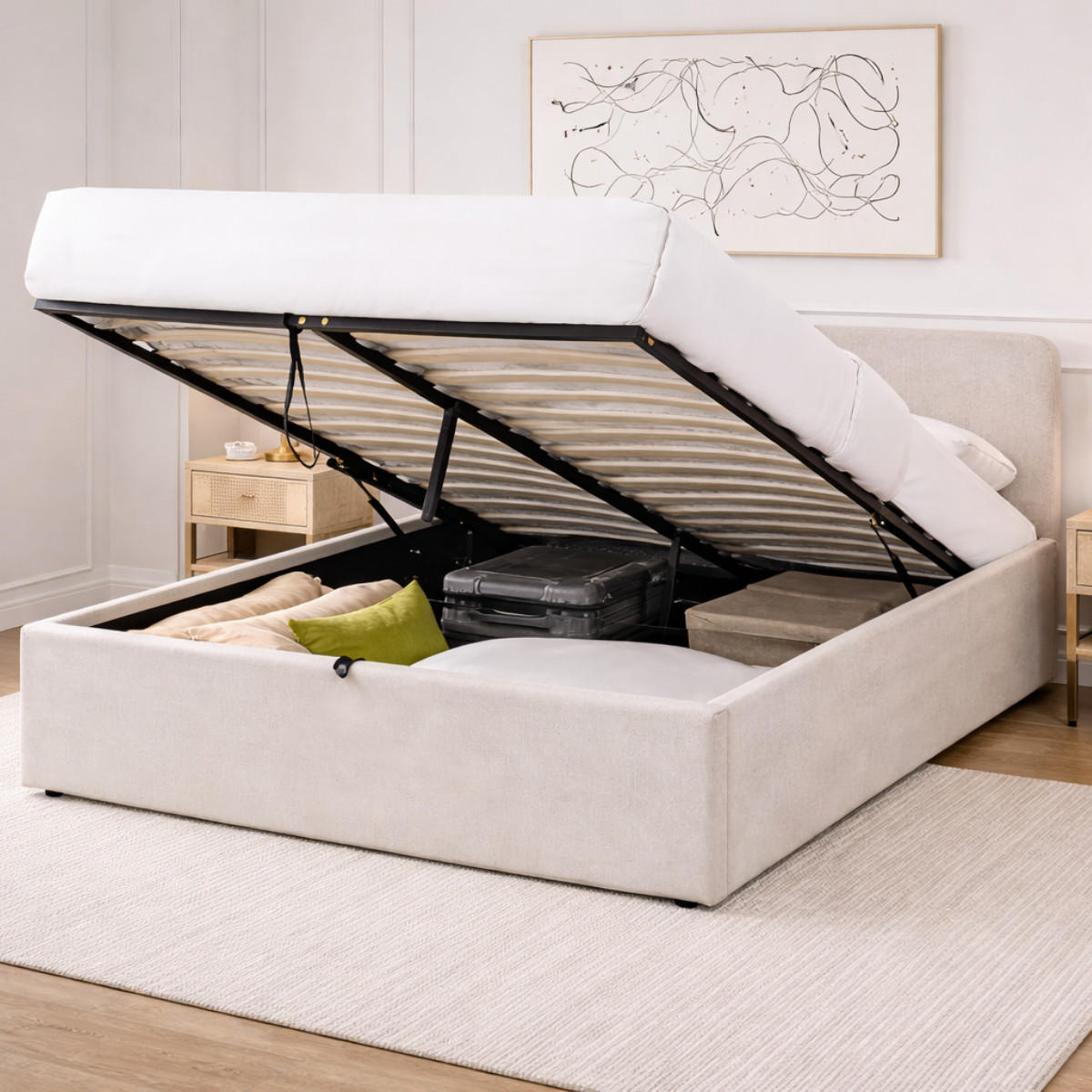 BETT mit Stauraum 140 x 190 cm mit Kopfteil aus grauem Stoff 150/88/205 cm - Grau, Holz (190/140cm) - Calicosy