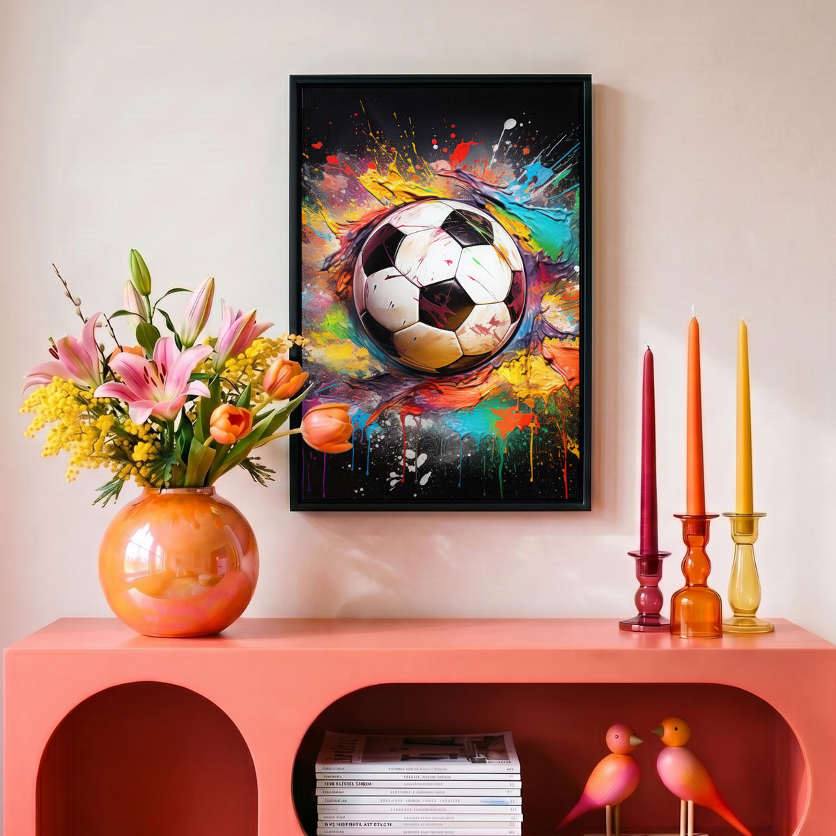 LEINWAND Bilder mit Rahmen - Fußball - Farbe - Farben - Schwarz - Weiß - 20x30 - Weiß, Textil (20/30cm) - MuchoWow