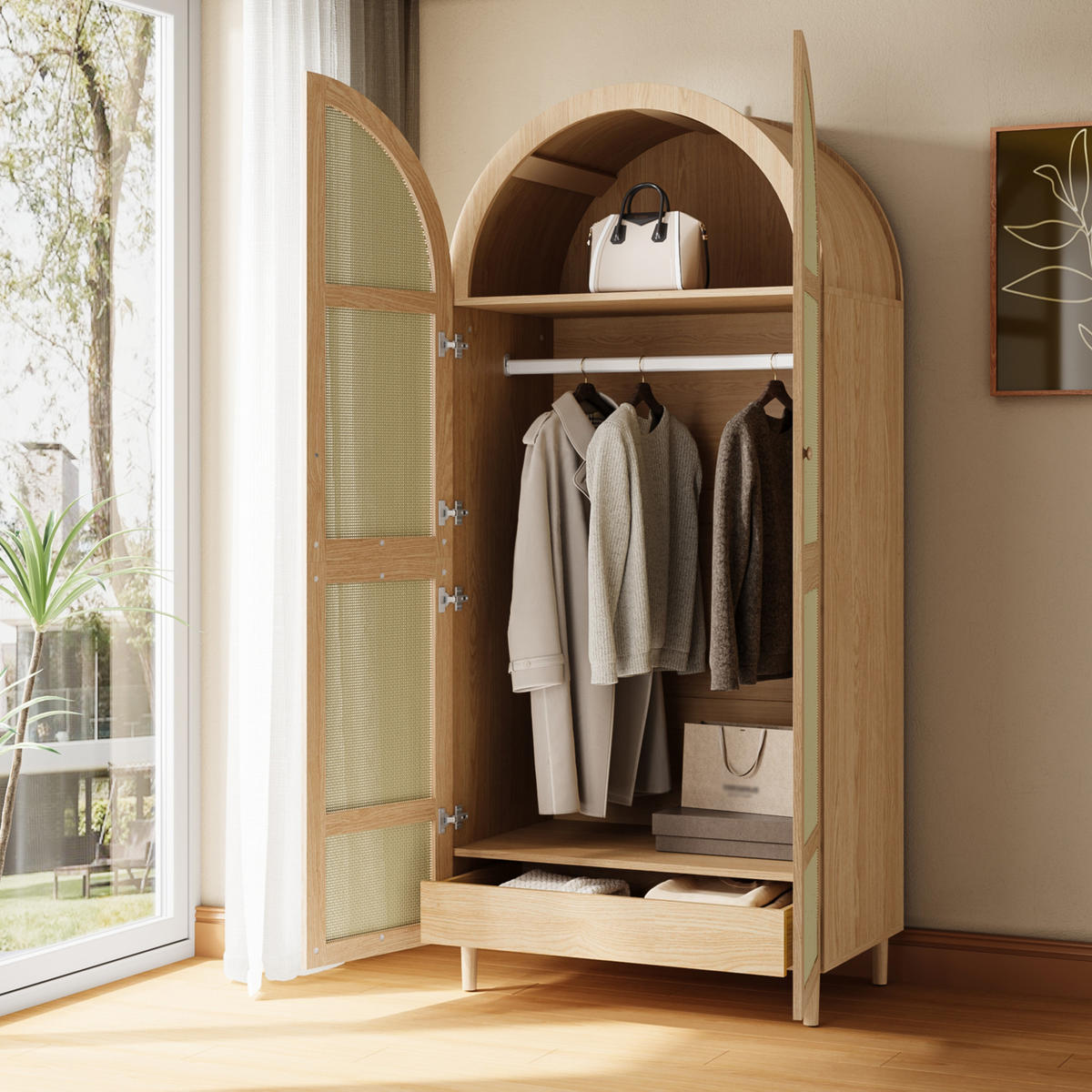 KLEIDERSCHRANK Gebogene Türen Stauraum Schubladen Schlafzimmer - Naturfarben, Holzwerkstoff (50/179/80cm) - FLIEKS