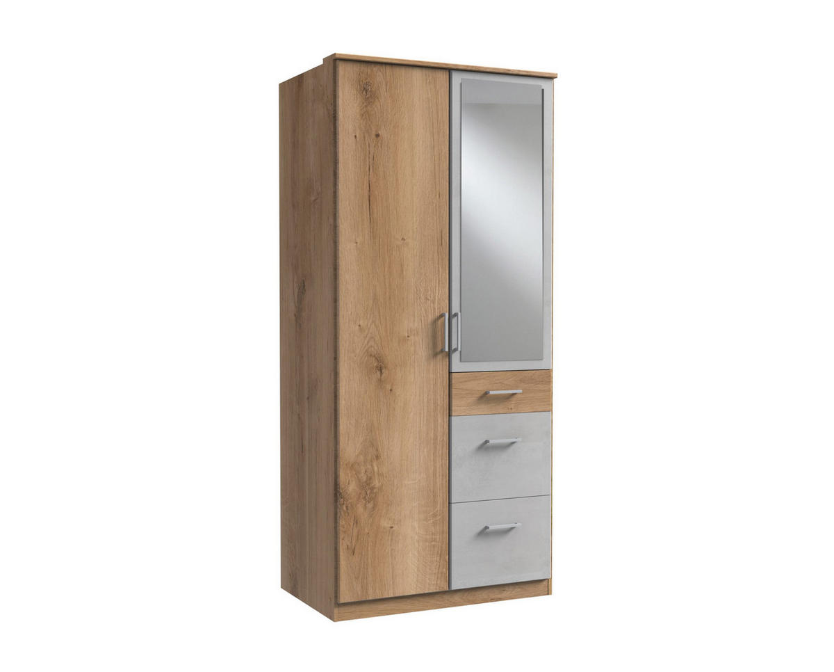 KLEIDERSCHRANK Click in Plankeneiche Beton Lichtgrau - Drehtürenschrank 91 cm Breite mit Spiegel - Braun, Holzwerkstoff (91/199/58cm)