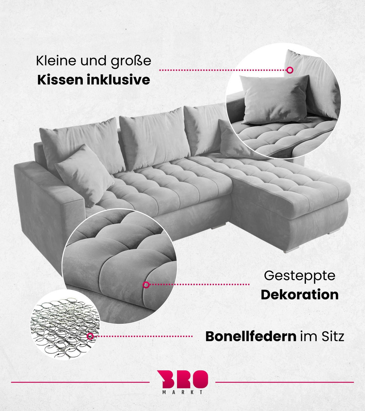 ECKSOFA Luis mit Schlaffunktion Hellgrau Samt - Silberfarben/Hellgrau, Kunststoff/Textil (148/238cm) - Bromarkt
