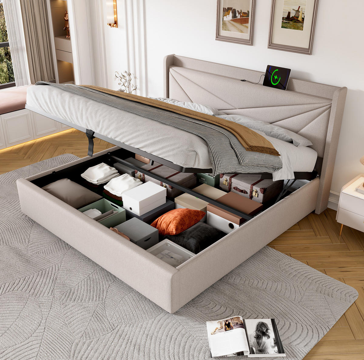 POLSTERBETT mit Bettkasten und USB/Typ-C 140x200 cm Beige inkl. Lattenrost - Beige, Metall (140/200cm) - Meubliv