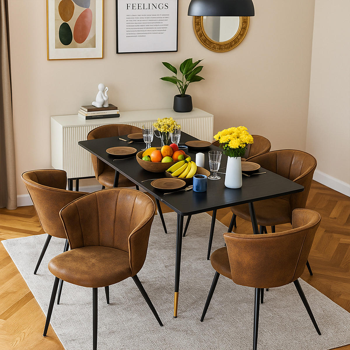 AUSZIEHBARER Esstisch Schwarz mit goldenen Beinen + 6 Schalensessel in Wildlederoptik - Multicolor/Schwarz, Metall (46/74.5/43cm) - Meubles Cosy