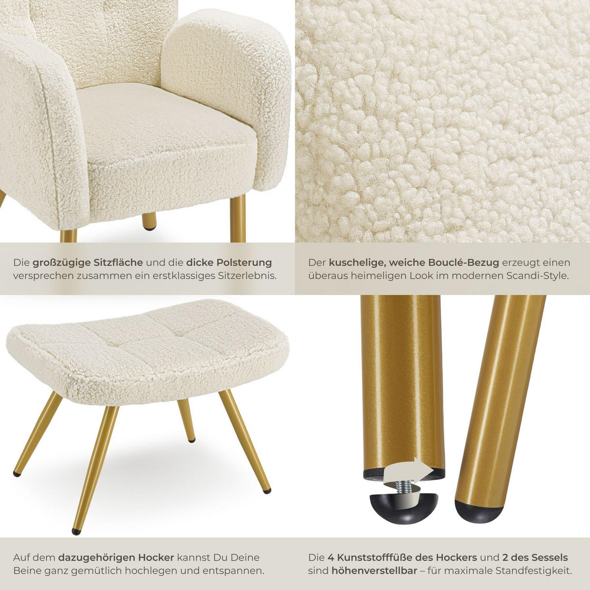 SESSEL MIT HOCKER Vänersborg, Belastbarkeit 120 kg, Bouclé creme/gold - Goldfarben/Creme, Kunststoff (72/92/71cm) - tectake