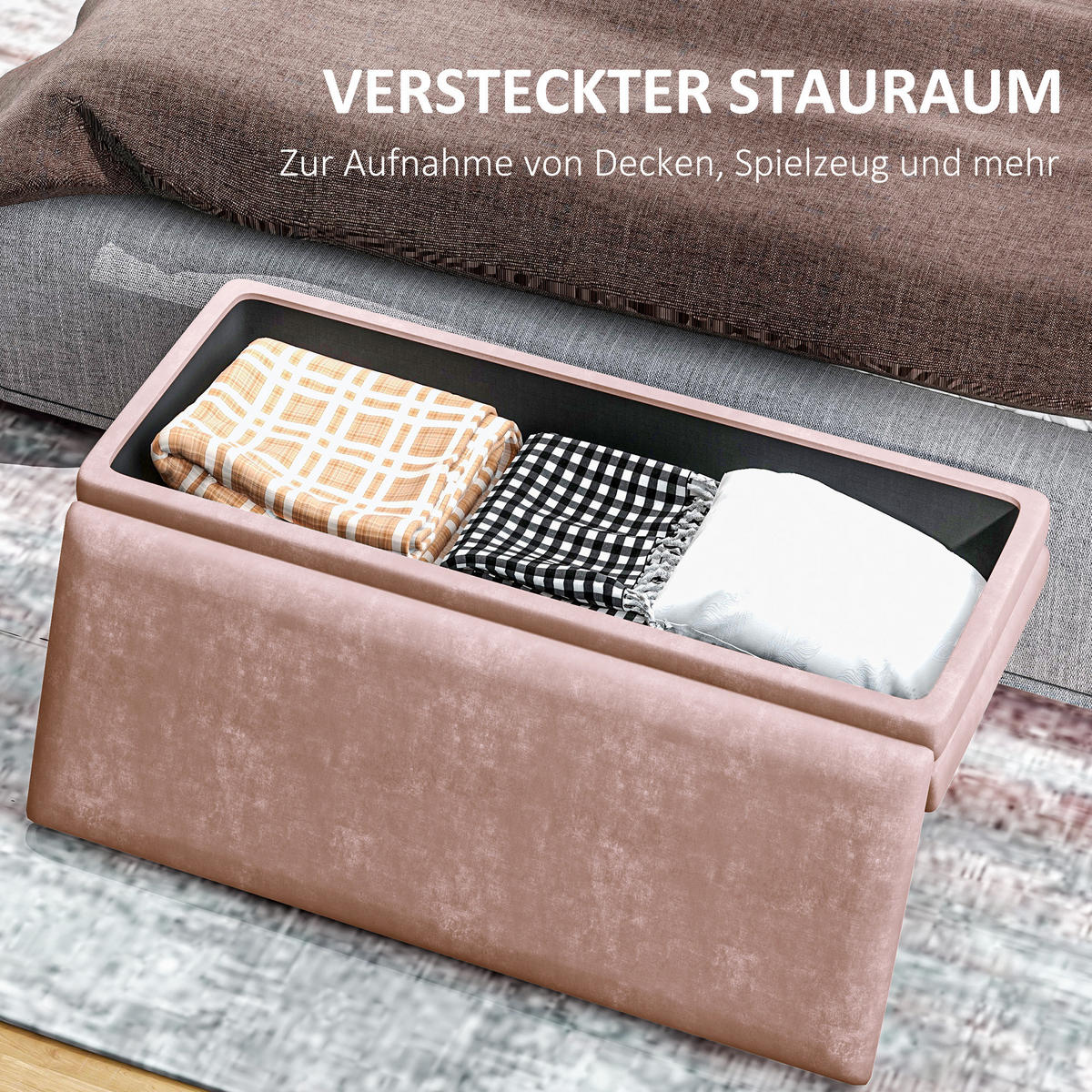 SITZBANK, Polsterbank mit Stauraum, Samtoptik, Bettbank mit Stahlbeine, Rosa - Rosa, Kunststoff (37.5/42/100cm) - HOMCOM