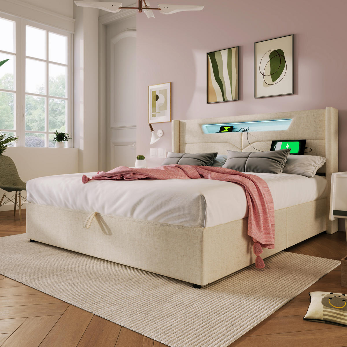 POLSTERBETT mit LED, USB und Stauraum 140x200 cm Beige - Beige, Metall (140/200cm) - Meubliv