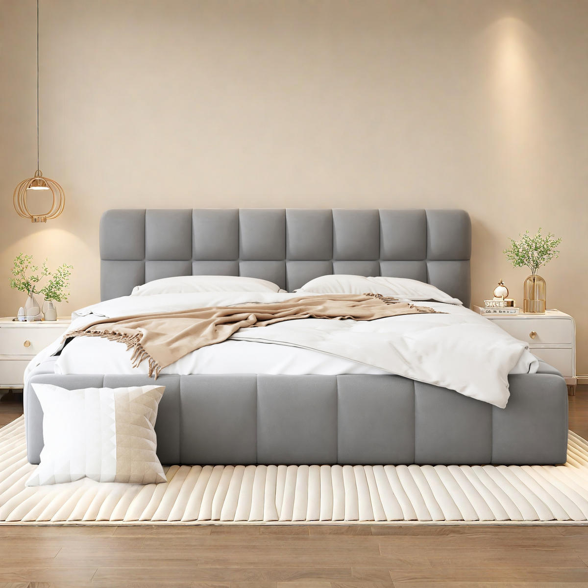 POLSTERBETT 140x200 cm Bubble Design Lattenrost Rückenlehne Leinen grau - Grau, Holz (160/200cm) - LEBENLANG