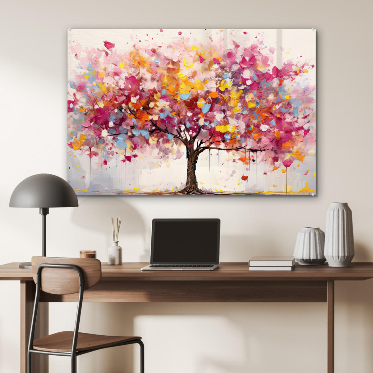 ACRYLGLASBILD Aquarell - Baum - Kunst - Abstrakt 90x60 cm - Multicolor, Glas (90/60cm) - MuchoWow