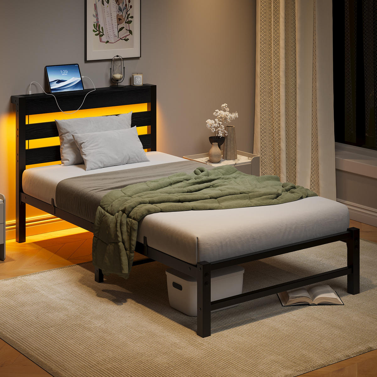 METALLBETT 90x200 cm LED USB Stauraum - Schwarz, Metall (90/200cm) - Fortuna Lai