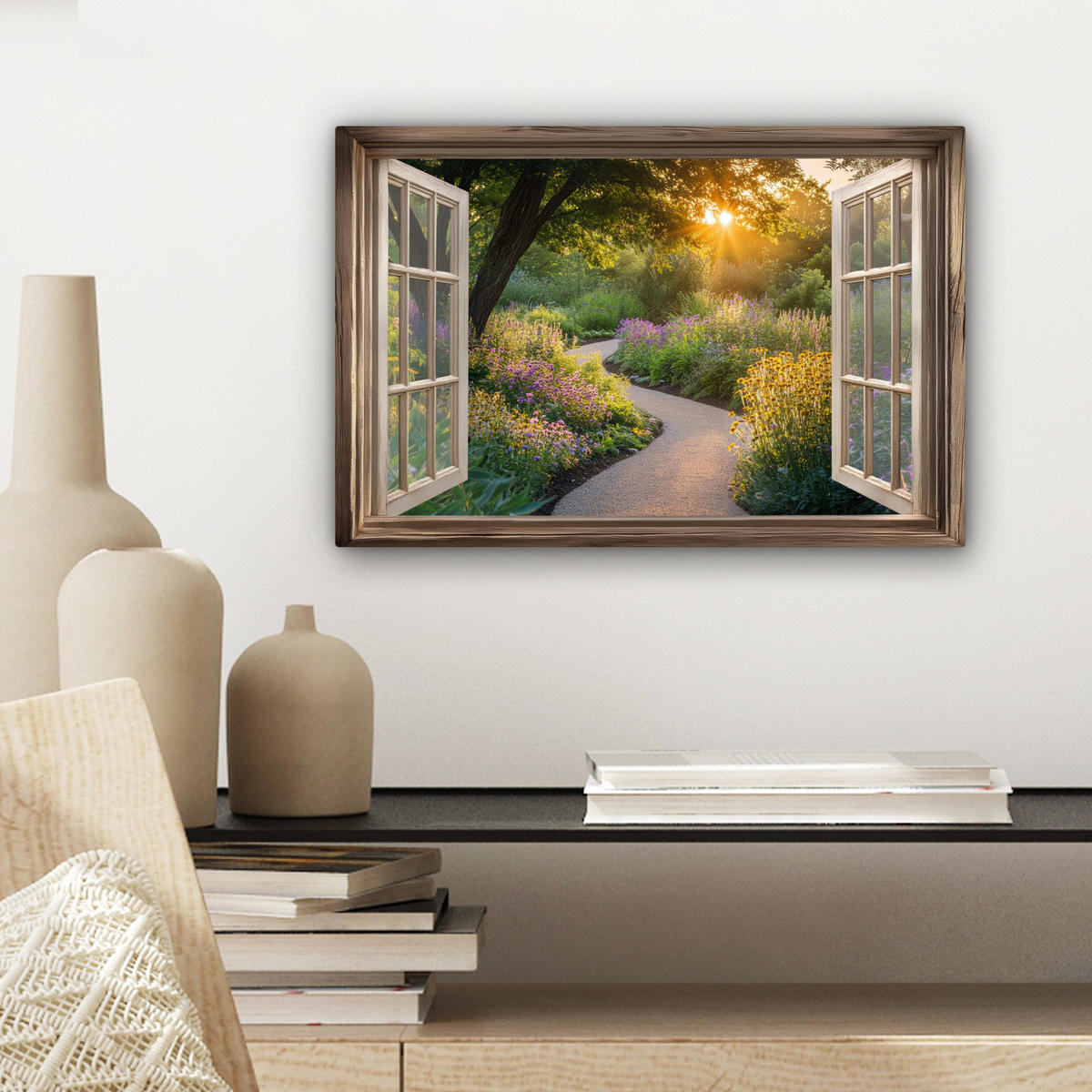 LEINWANDBILD Aussicht - Blumen - Natur - Sonne - Weg Deko Schlafzimmer 30x20 cm - Hellgelb, Textil (30/20cm) - MuchoWow