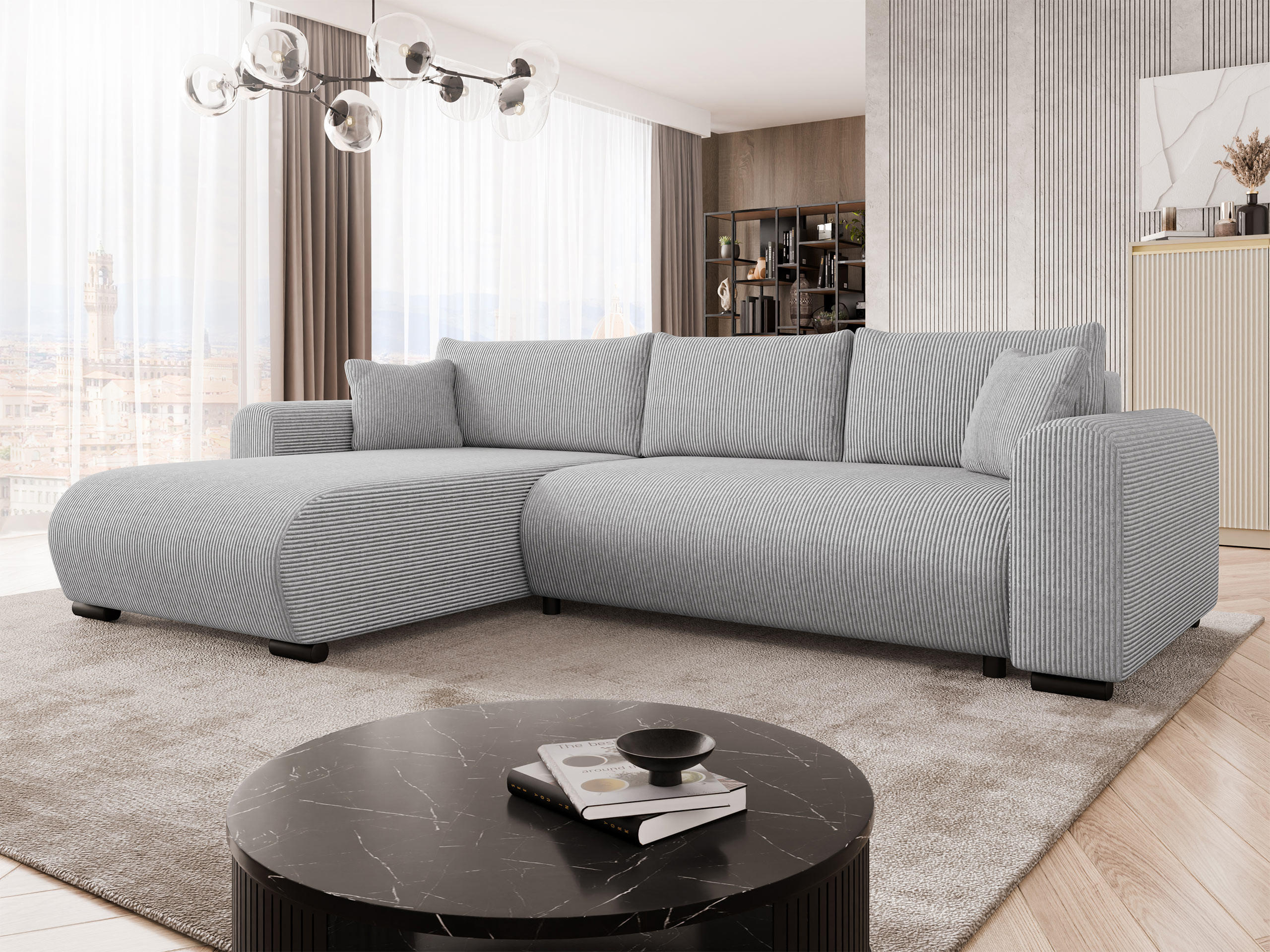 ECKSOFA Merkos Cord - Hellgrau/Schwarz, Holz/Textil (285/188cm) - MIRJAN24