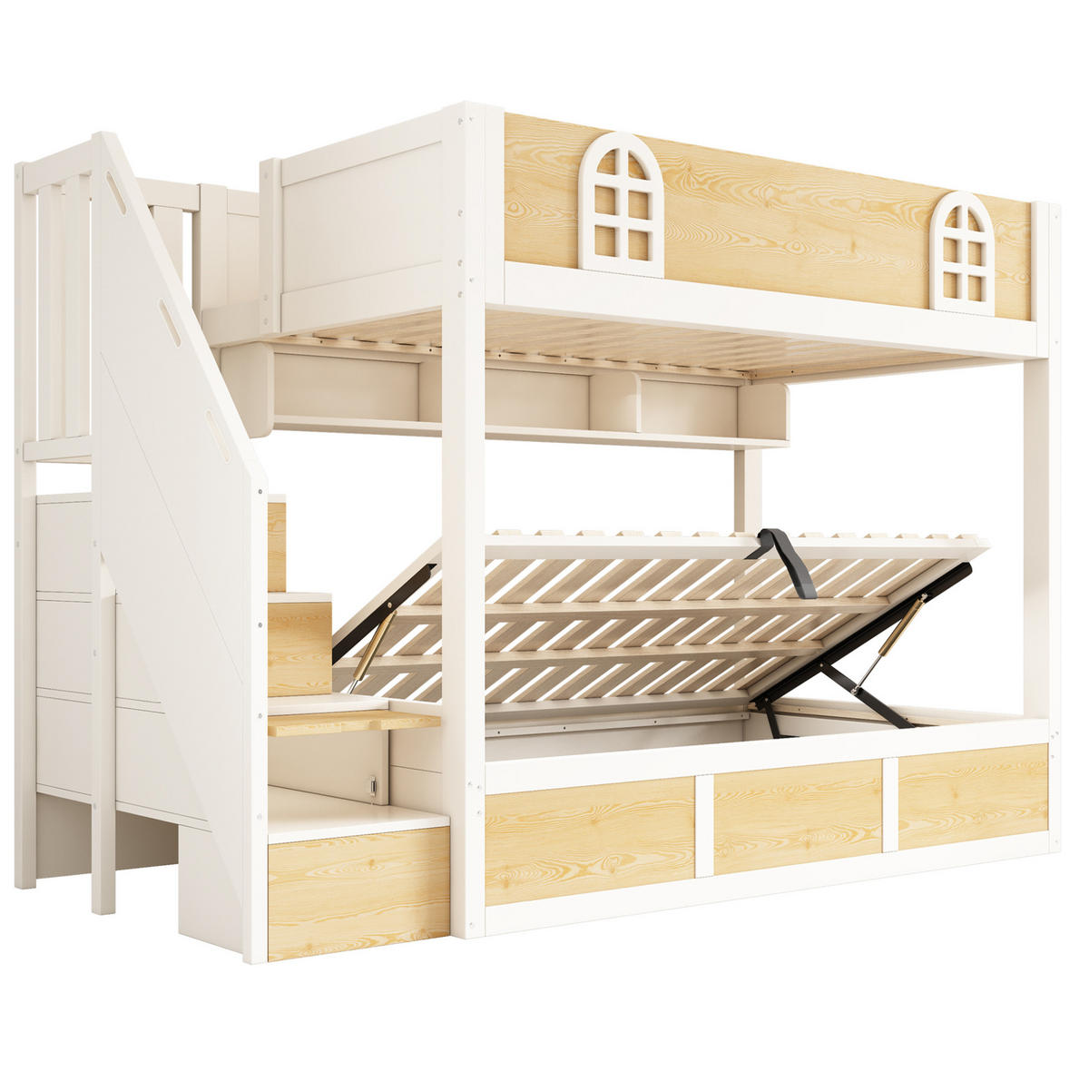 ETAGENBETT aus Holz und Metall 90x200 cm Weiß/Natur mit Treppenschrank, Bettkasten und Sicherheitsgeländer - Naturfarben, Holzwerkstoff (90/200cm) - Modfu