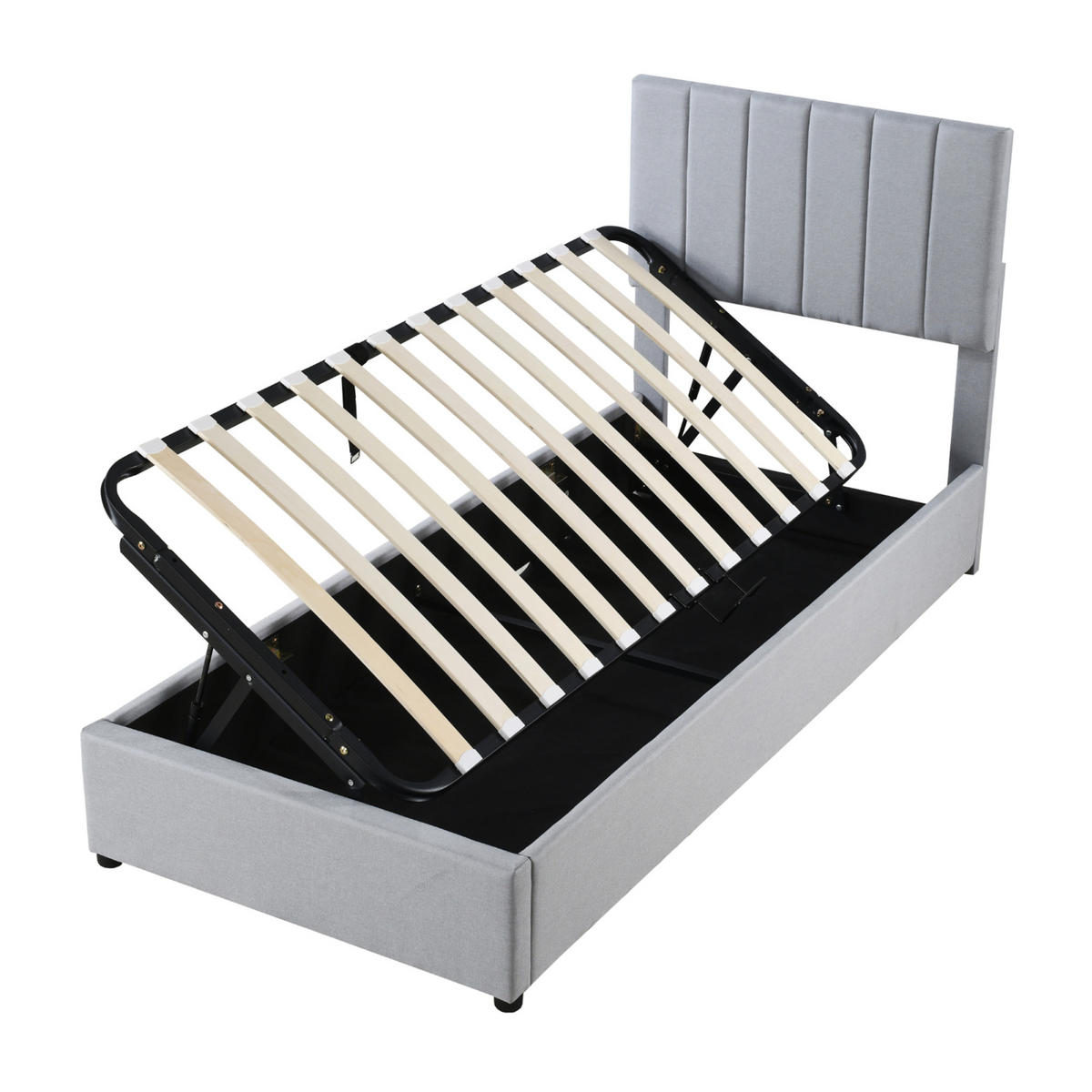 POLSTERBETT 90×200 cm mit bettkasten, hydraulisches stauraumbett, kinderbett mit hohes leinen-kastenbett, grau - Grau, Holz/Metall (90/200cm) - GENKI LIVING