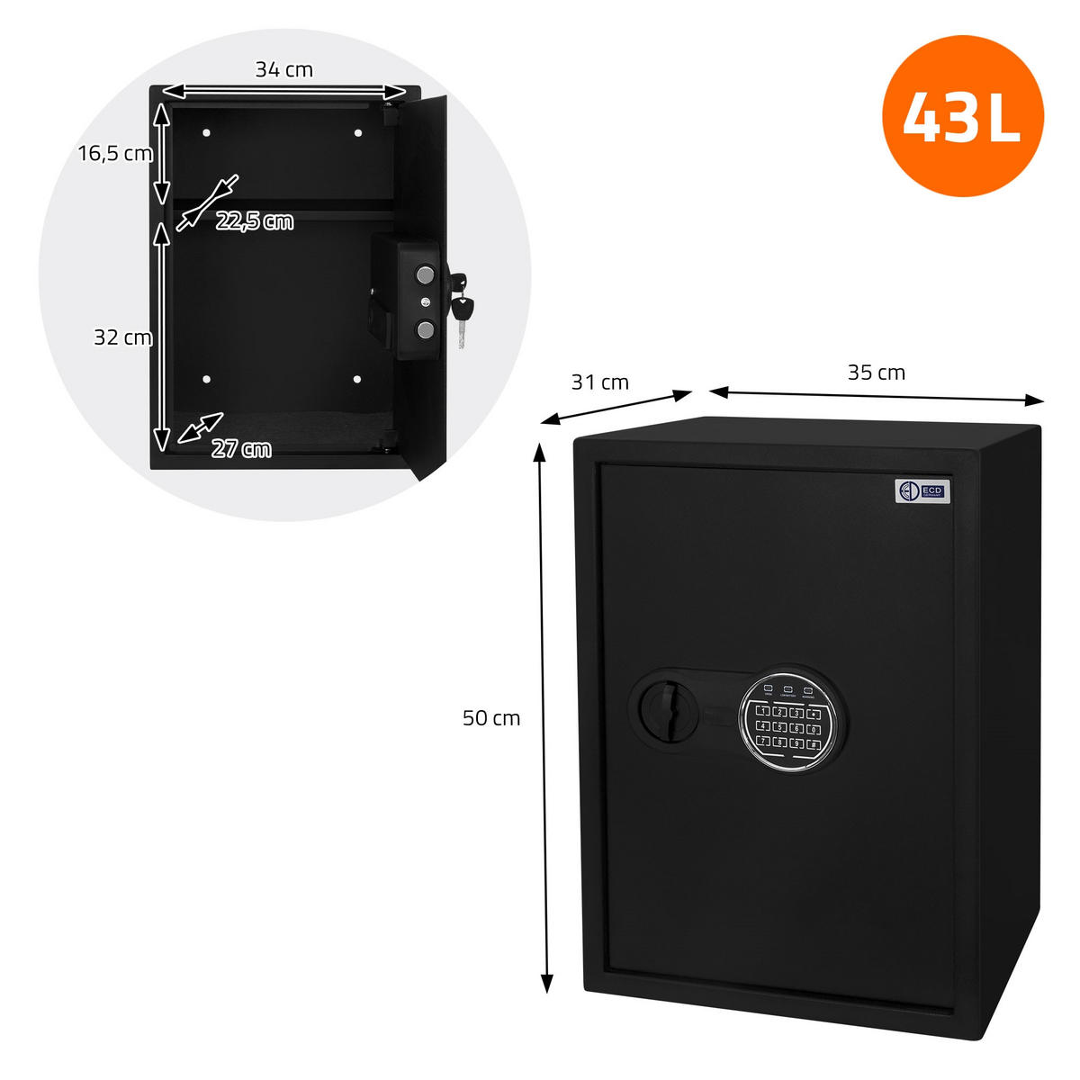 TRESOR 43L - Schwarz, Metall (31/50/35cm) - ECD-Germany