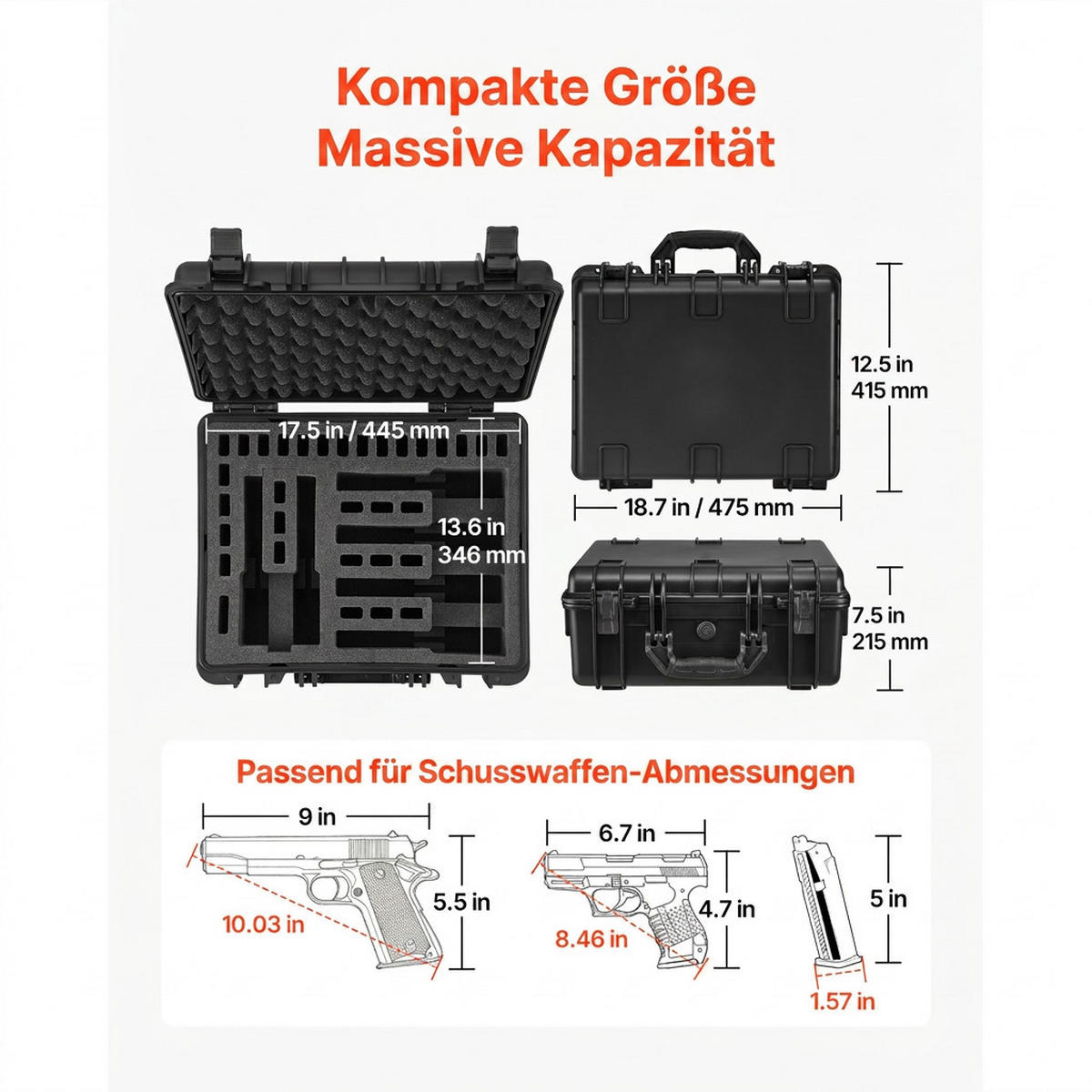 WERKZEUGKOFFER 475x415x215mm Wasserdichtes Hardcase mit XPE-Schaumstoff - Schwarz, Kunststoff (10/10/10cm) - Raelunyi