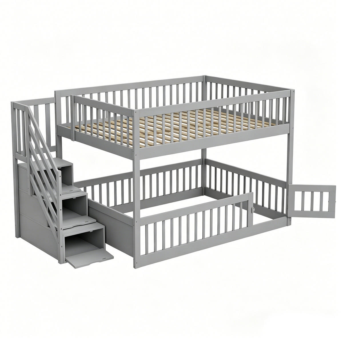 ETAGENBETT 140/200 cm mit Stauraumtreppe, Schubladen und Tür, Grau - Grau, Holzwerkstoff (140/200cm) - Redom