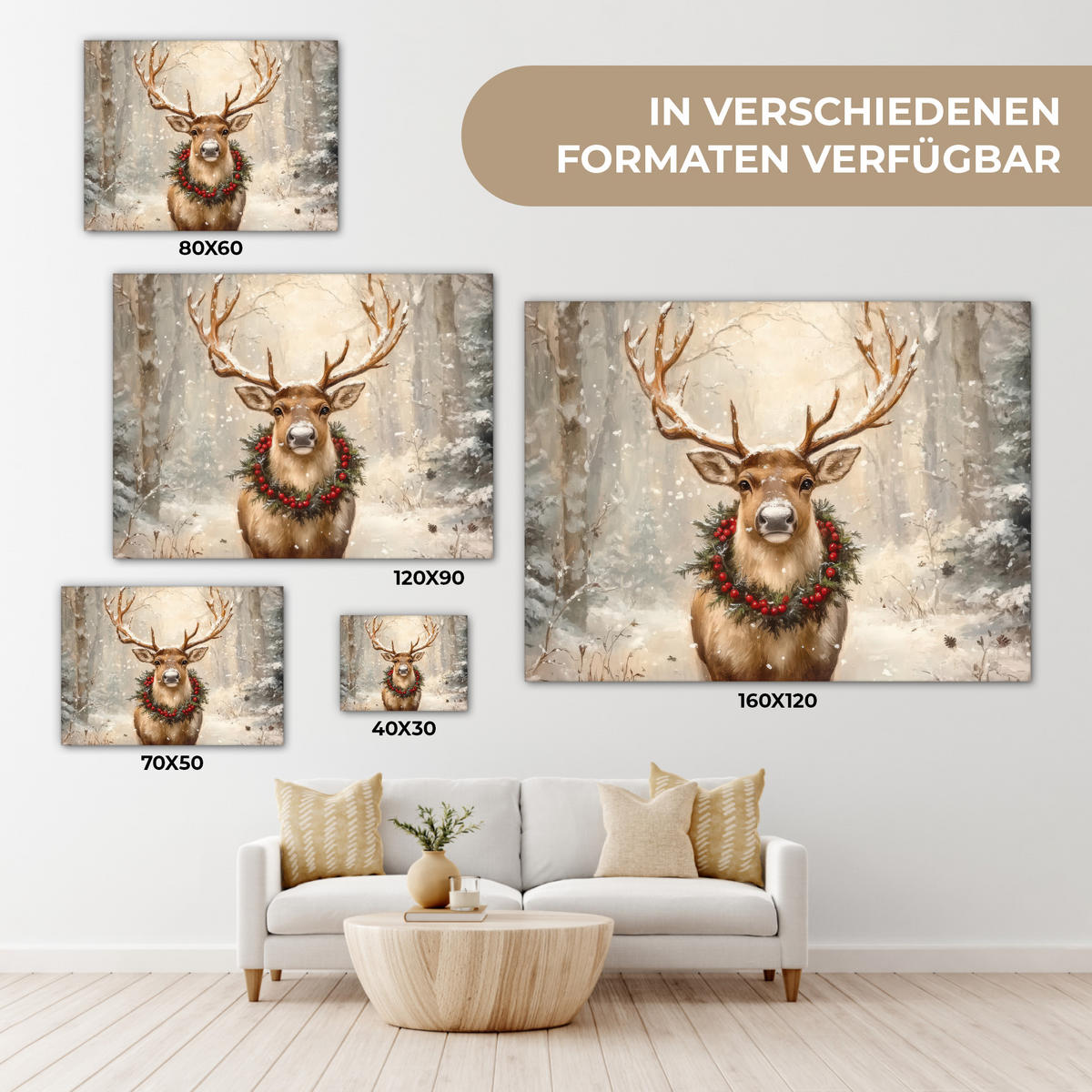 LEINWANDBILD Weihnachten - Rentier - Winter - Kranz 40x30 cm - Naturfarben, Textil (40/30cm) - MuchoWow